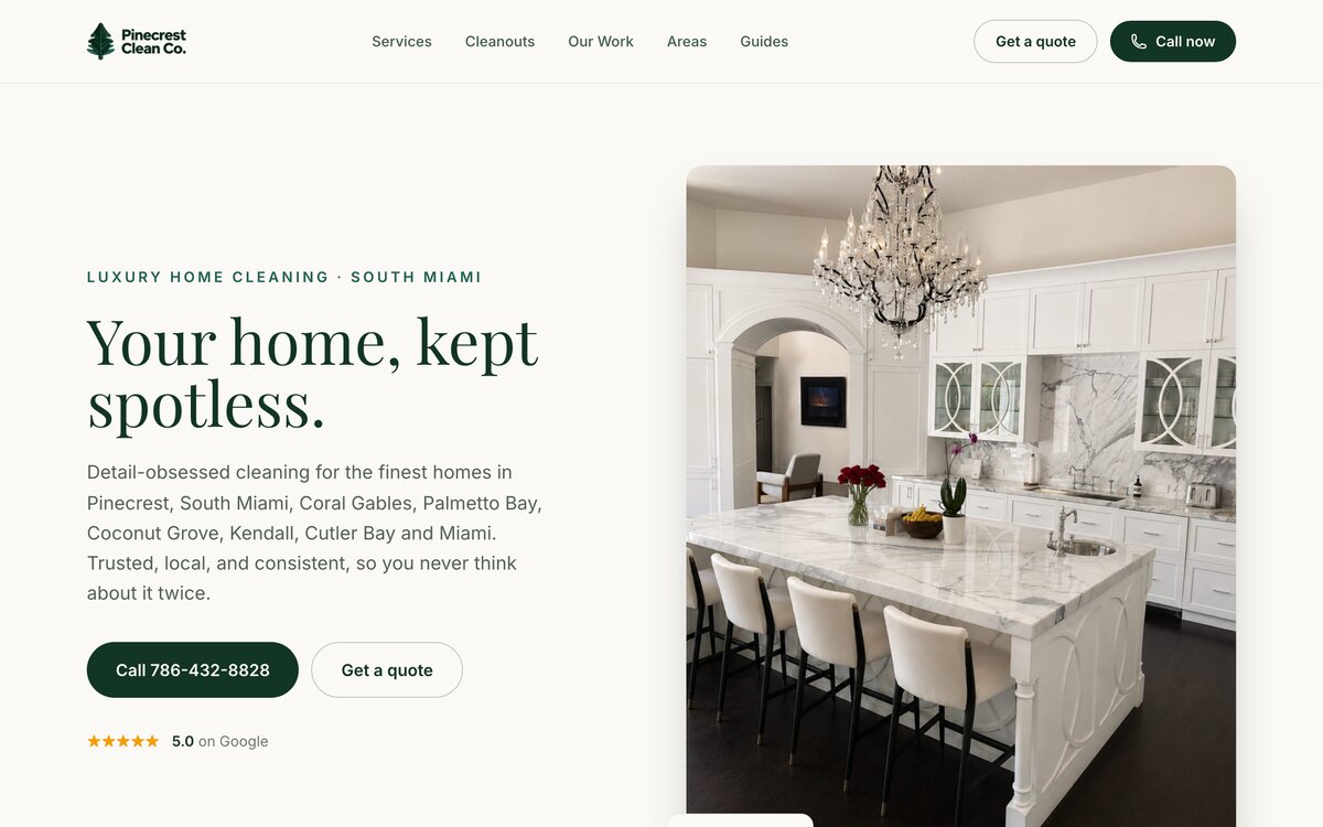 Pinecrest Clean Co website, desktop