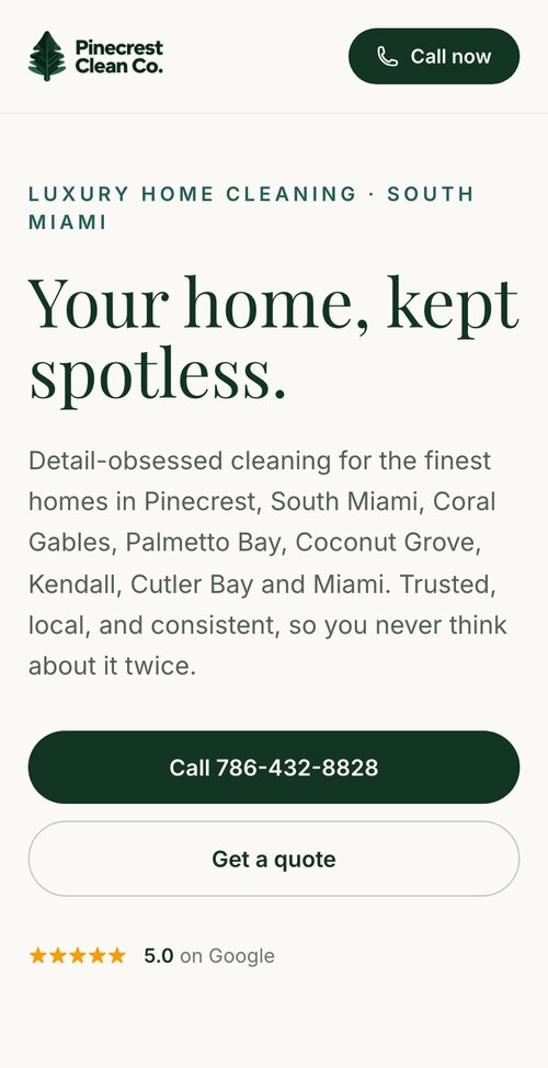 Pinecrest Clean Co website, mobile